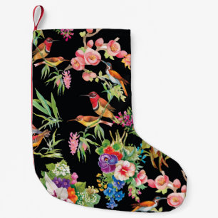 Meia De Natal Pequena Flores de Aves Selvagens: Vintagem Negra