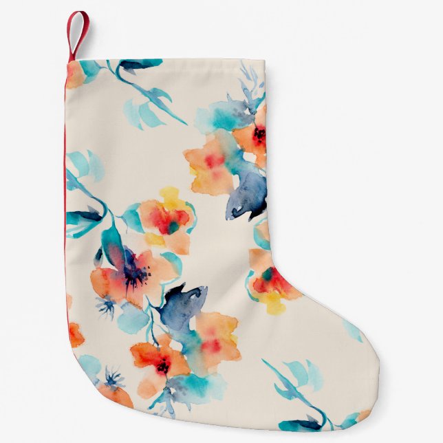 Meia De Natal Pequena Flores de Hibiscus: Padrão de Ilustração de Aquare (Frente)