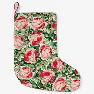 Meia De Natal Pequena Flores de Rosa Rosa e Vermelha em Aquarela & Folha