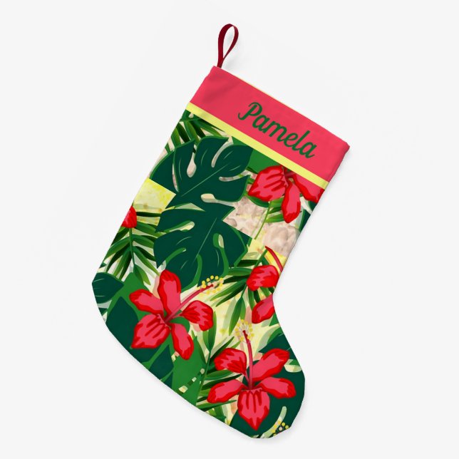 Meia De Natal Pequena Flores e folhas tropicais (Frente (Pendurada))