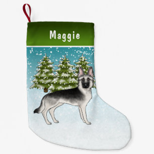 Meia De Natal Pequena Floresta De Inverno German shepherd De Prata Com N
