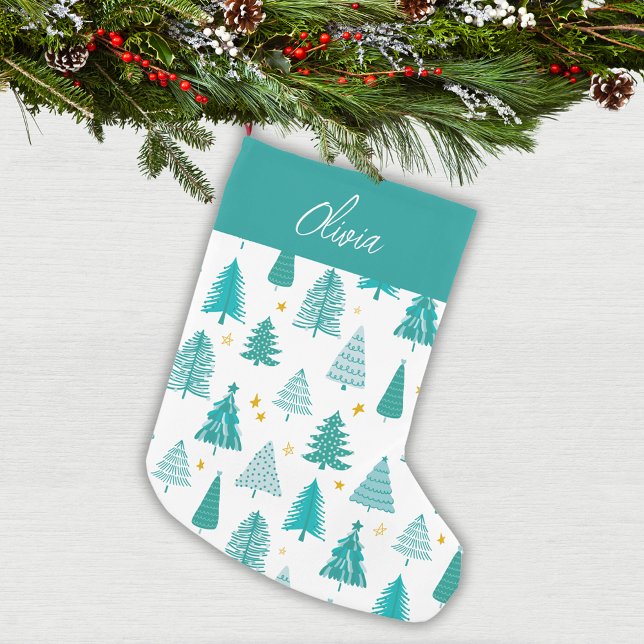 Meia De Natal Pequena Floresta de inverno verde personalizada (Modern and simple winter woodland Christmas tree design: Personalized  Christmas Stocking)