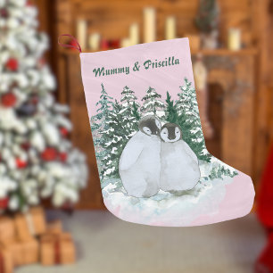 Meia De Natal Pequena Floresta de Neve da Mamã e Criança Pinguim