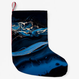 Meia De Natal Pequena Fluido Arte Líquida Metálico Dourado em azul abstr