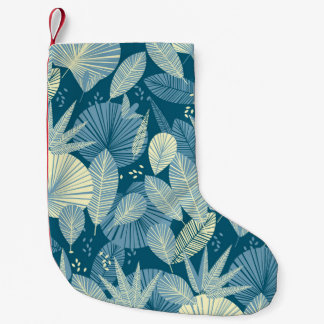 Meia De Natal Pequena Folhagem Elegante: Padrão Tropical Azul-Cinza.