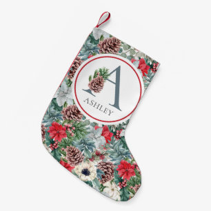 Meia De Natal Pequena Folhagem Festiva Floral de Férias Inicial Nome Per
