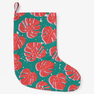 Meia De Natal Pequena Folhas de monstera vermelha em um padrão verde se