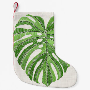Meia De Natal Pequena Folhas de palma bordadas. Monstera Tropical Verde