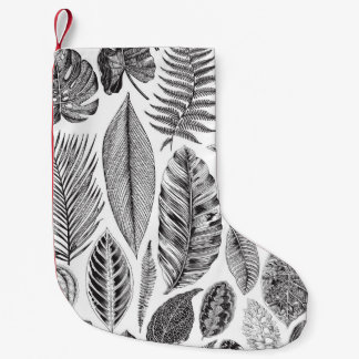 Meia De Natal Pequena Folhas exóticas, preto e branco floral vintage.
