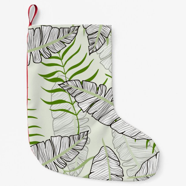 Meia De Natal Pequena Folhas exóticas sobre fundo verde. Prato tropical (Frente)