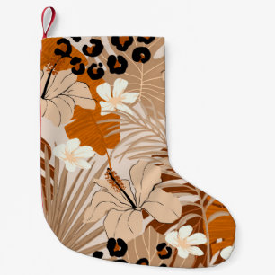 Meia De Natal Pequena Folhas tropicais de pele-leopardo flores de hibisc