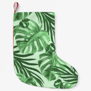 Meia De Natal Pequena Folhas tropicais e flores, padrão de aquarela.