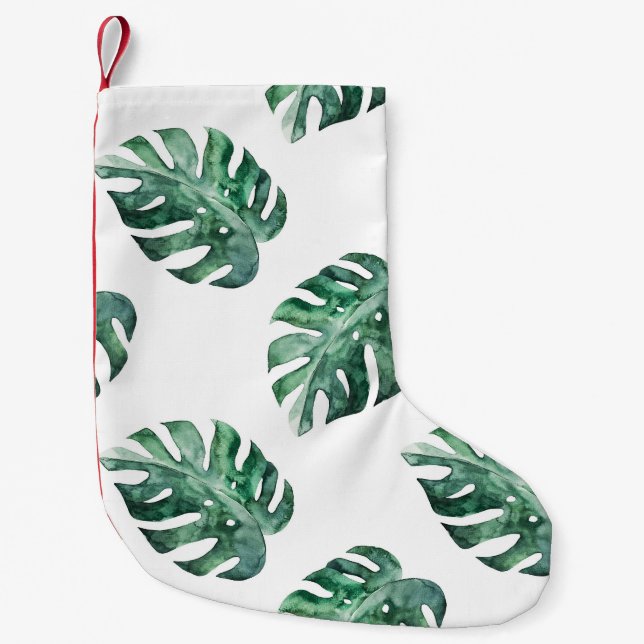 Meia De Natal Pequena Folhas tropicais verdes, padrão de aquarela (Frente)