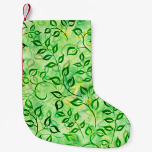Meia De Natal Pequena Folhas verde-aquarela num fundo amarelo-esverdeado