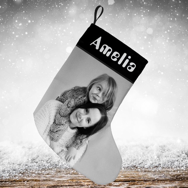Meia De Natal Pequena Foto Black White Rustic Festic Xadrez Tartan (Criador carregado)