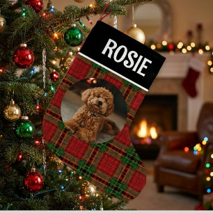 Meia De Natal Pequena Foto de Animal Personalizado Xadrez Tartã Vermelho