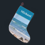 Meia De Natal Pequena Foto de Blue Ocean Waves Sandy Beach<br><div class="desc">Esta bela meia mostra uma linda foto do oceano. Pode ser personalizado com nome ou monograma.</div>