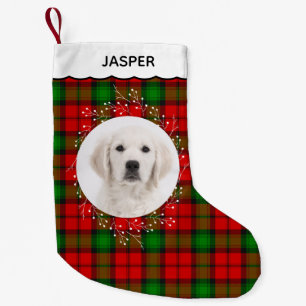 Meia De Natal Pequena Foto de Cachorro com Xadrez Tartan Verde e Vermelh