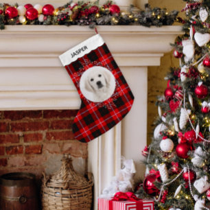 Meia De Natal Pequena Foto de Cachorro com Xadrez Vermelho e Preto e Cor