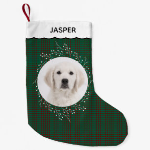 Meia De Natal Pequena Foto de Cachorro Pet com Listras Verdes e Vermelha