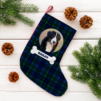 Meia De Natal Pequena Foto de Cachorro Pet Xadrez Escocês Azul Marinho N