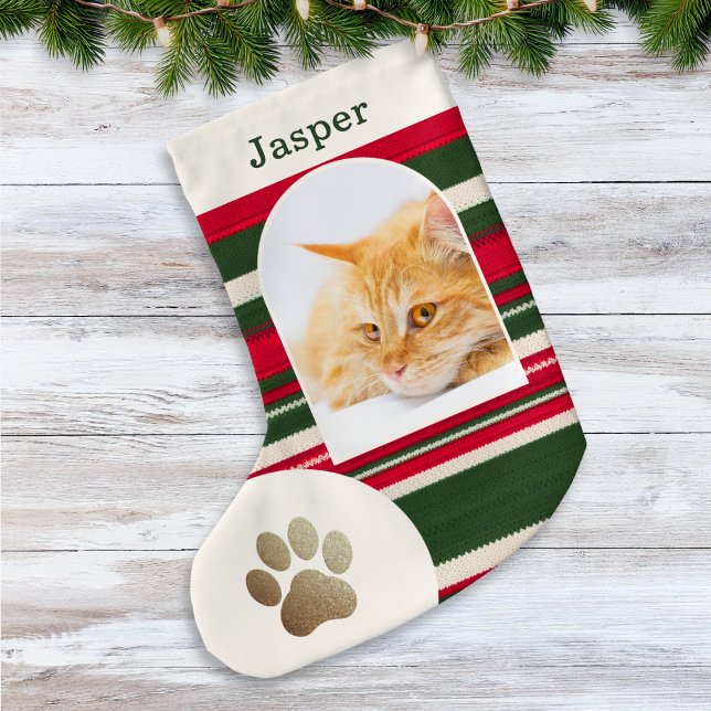 Meia De Natal Pequena Foto de Cat Personalizada e Nome Vermelho Verde (A festive Christmas stocking for your pet cat, with red and green stripes and custom name)