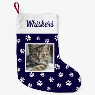 Meia De Natal Pequena Foto de gato personalizado bonito Nome White Azul