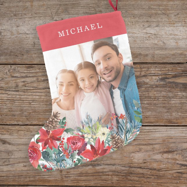 Meia De Natal Pequena Foto de monograma rústico da família vermelha (Criador carregado)