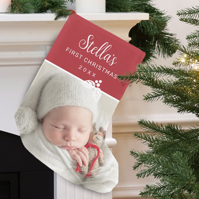 Meia De Natal Pequena Foto de Natal Moderno Personalizada (Modern First Christmas Photo Personalized Small Christmas Stocking)