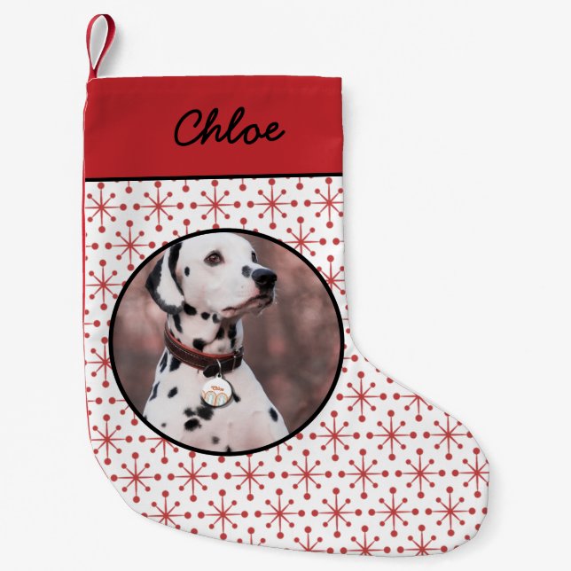 Meia De Natal Pequena Foto de Pet de Padrão Vermelho Moderno do Século M (Frente)