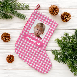 Meia De Natal Pequena Foto e nome de menina em xadrez rosa Verificações