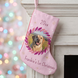 Meia De Natal Pequena Foto Personalizada de Cachorro com Coroa de Natal