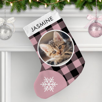 Meia De Natal Pequena Foto Personalizada de Gato Pet com Xadrez Búfalo R