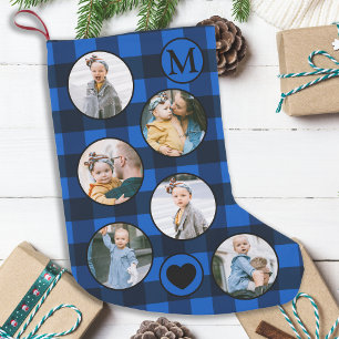 Meia De Natal Pequena Foto personalizada divertida do bebê Xadrez azul 