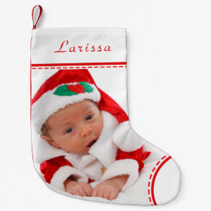 Meia De Natal Pequena Foto Personalizada Nome vermelho Branco Trim. Nata