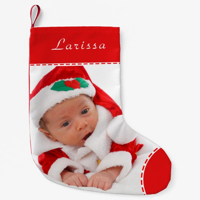 Meia De Natal Pequena Foto personalizada - Trim. vermelho Natal (Frente)