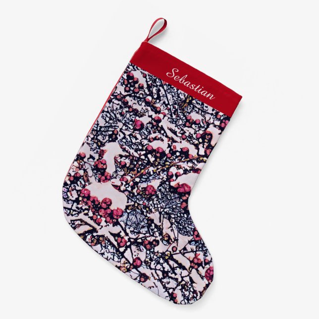 Meia De Natal Pequena Framboesas vermelhas e neve - Natal (Frente (Pendurada))