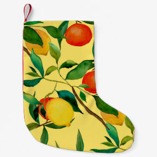 Meia De Natal Pequena Frutas de citros, padrão de aquarela vibrante.