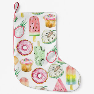 Meia De Natal Pequena Frutas tropicais de aquarela, padrão de sorvete.