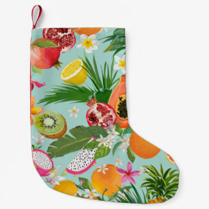 Meia De Natal Pequena Frutas tropicais, flores: fundo vintage.