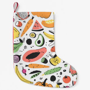 Meia De Natal Pequena Frutas, vegetais desenhados à mão.