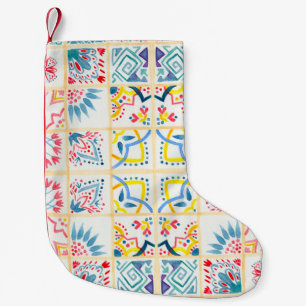 Meia De Natal Pequena Fundo cortado com ornamentos orientais. Watercol