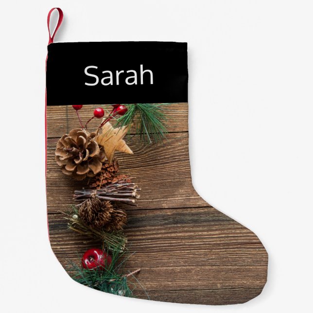 Meia De Natal Pequena fundo de madeira com pínus (Frente)