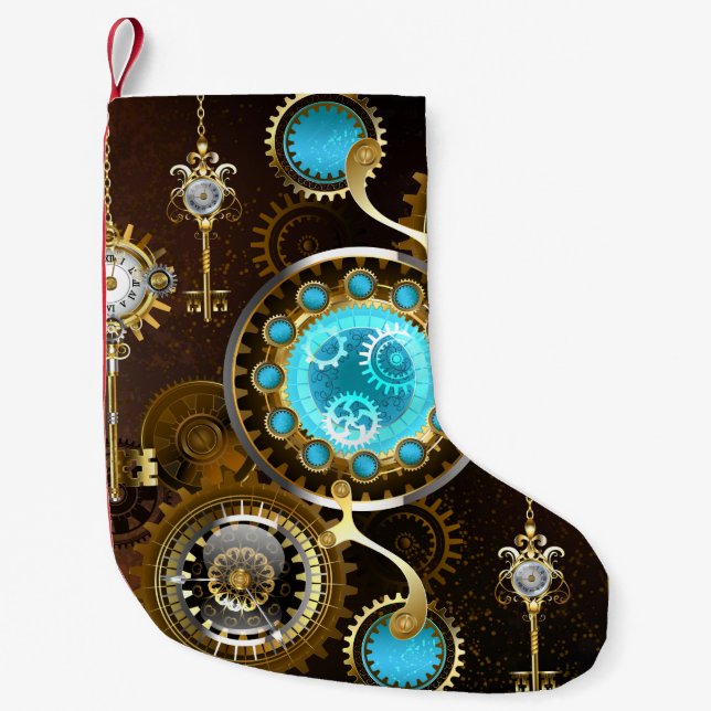 Meia De Natal Pequena Fundo Rusty Steampunk com Lentes Turquesa (Frente)