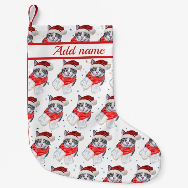 Meia De Natal Pequena Funny Gray and White Tabby Cat Christmas (Frente)