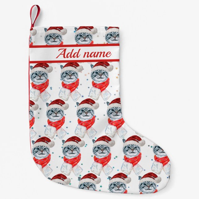 Meia De Natal Pequena Funny Gray Tabby Cat With Santa Hat Christmas (Frente)