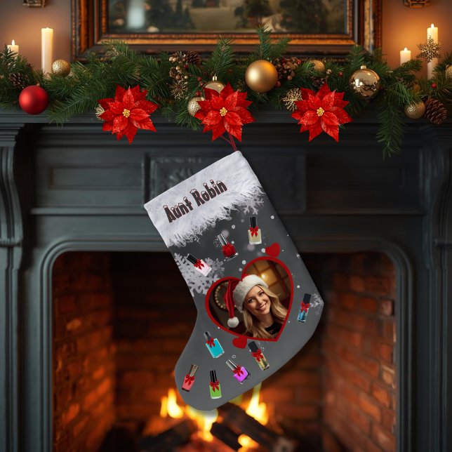 Meia De Natal Pequena Funny Manicure Lover Fingernail Polish and Photo (Funny stocking of nail polish bottles for the quirky family member who loves manicures)