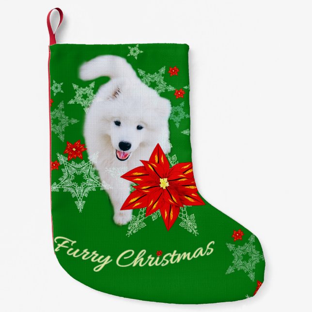 Meia De Natal Pequena Fúria Natal/Cachorro Inverno Samoyed (Frente)
