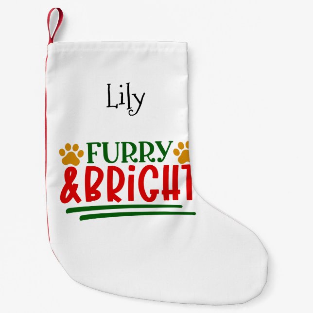 Meia De Natal Pequena Furry and Bright with Paw Prints Pet Themed (Frente)