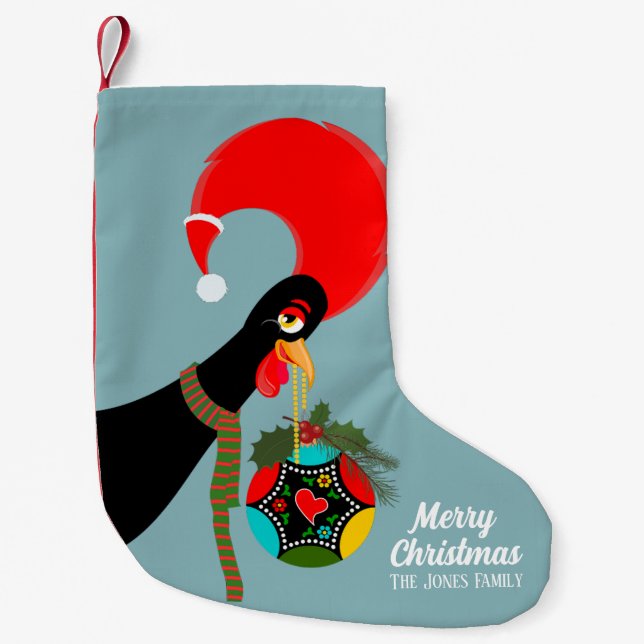 Meia De Natal Pequena Galo Português Holly no Natal (Frente)